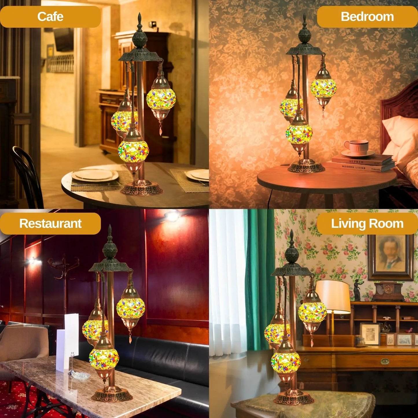 Turkish Mosaic Table Lamp - 3 Globe Handmade Glass Lampshades, Metal Base Mood Lighting for Bedroom Living Room, Home Decor