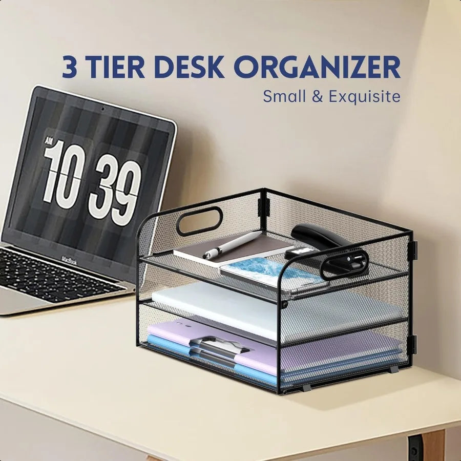 3 Tier Paper Organizer With Handle Mesh Desk Letter Tray File Organizer for A4 Folder Black