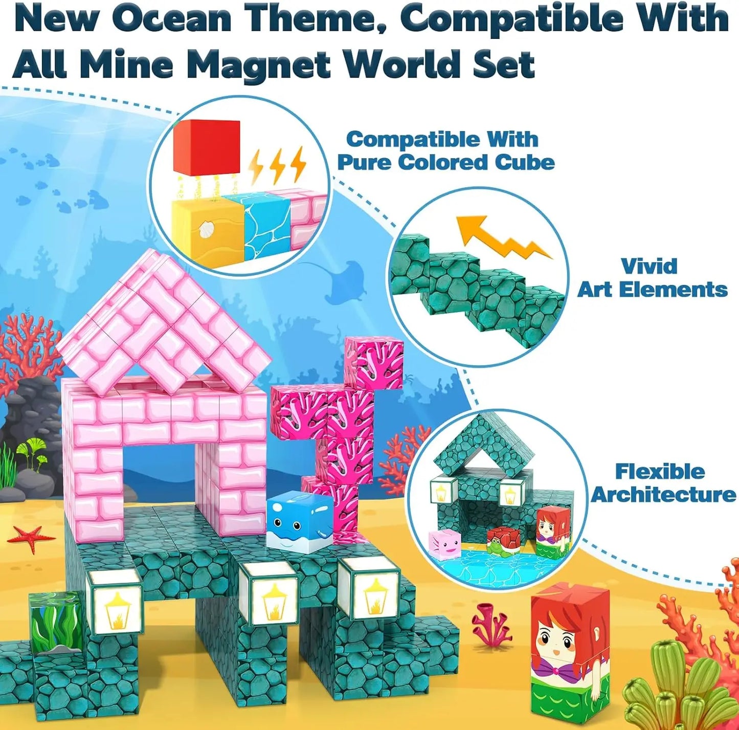 54PCS Magnetic Blocks Build Mine Magnet World Ocean Set, Building Toys for Kids Ages 3+