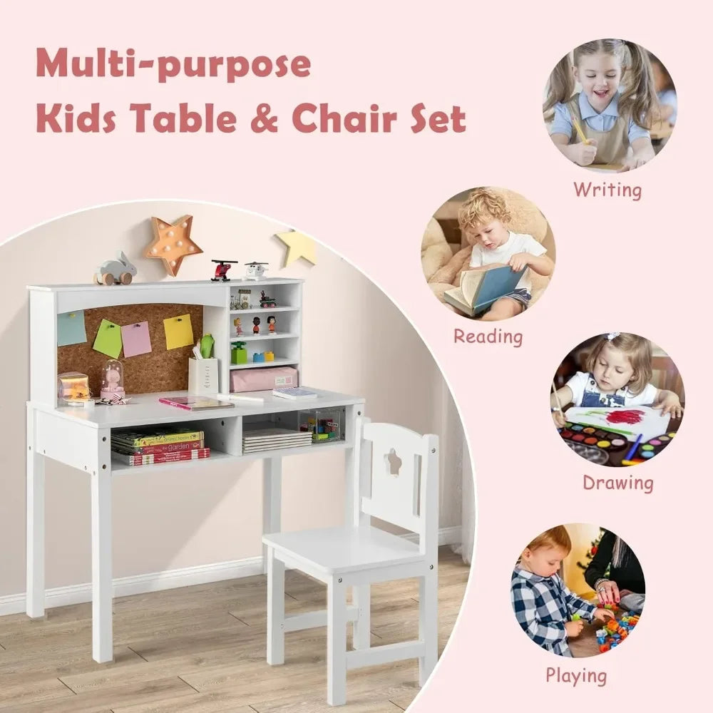 Kids Desk and Chair Set,Wooden Study Desk for Kids with Storage, Hutch, Cork Bulletin Board,Student Writing Computer Workstation