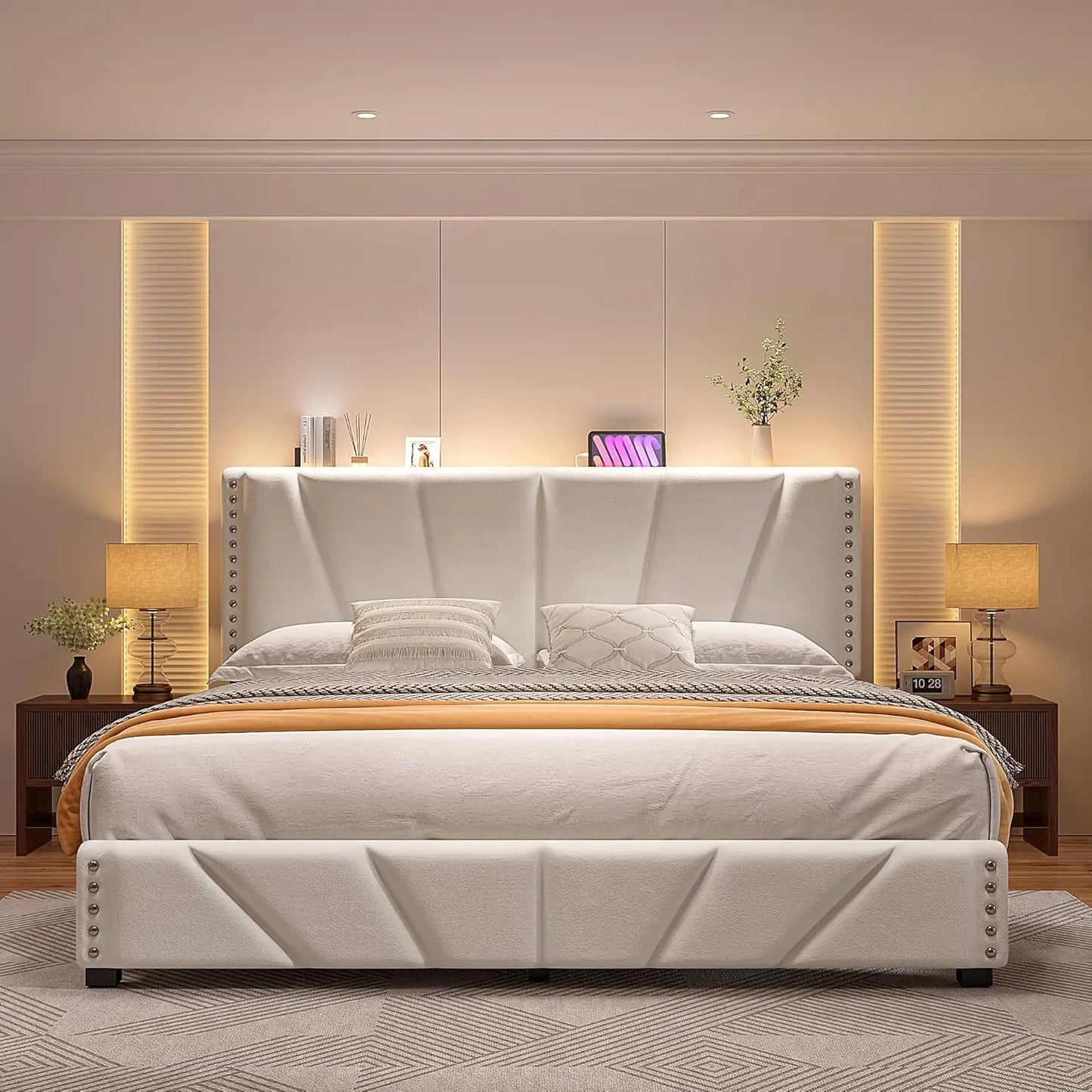 King Size Bed Frame with Velvet Headboard and LED Lights, Storage Headboard Platform Bed with Charging Station