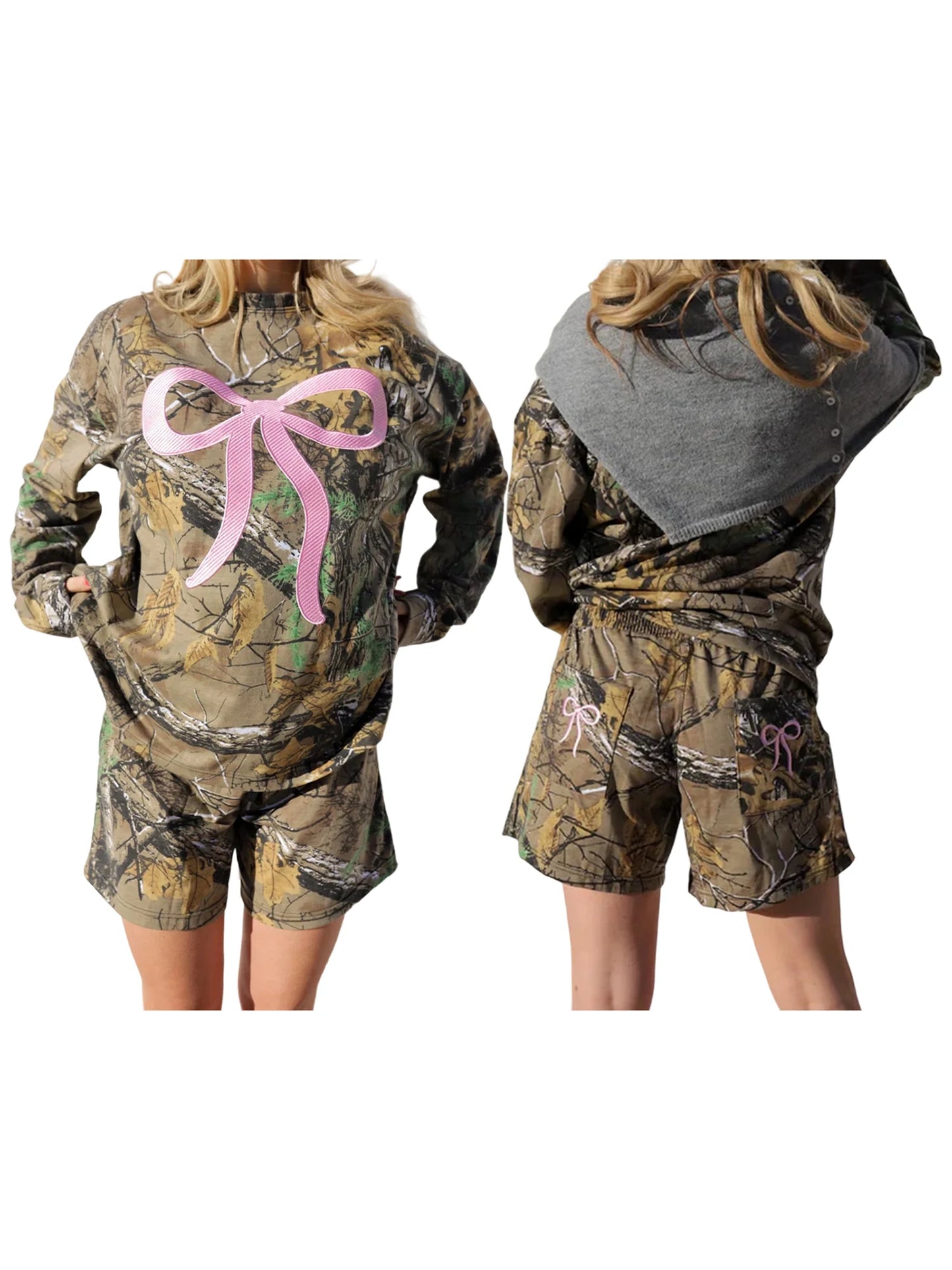 Women s Activewear Set with Bow Embroidery Detail Camouflage Print Long Sleeve Sweatshirt and Elastic Shorts for Stylish