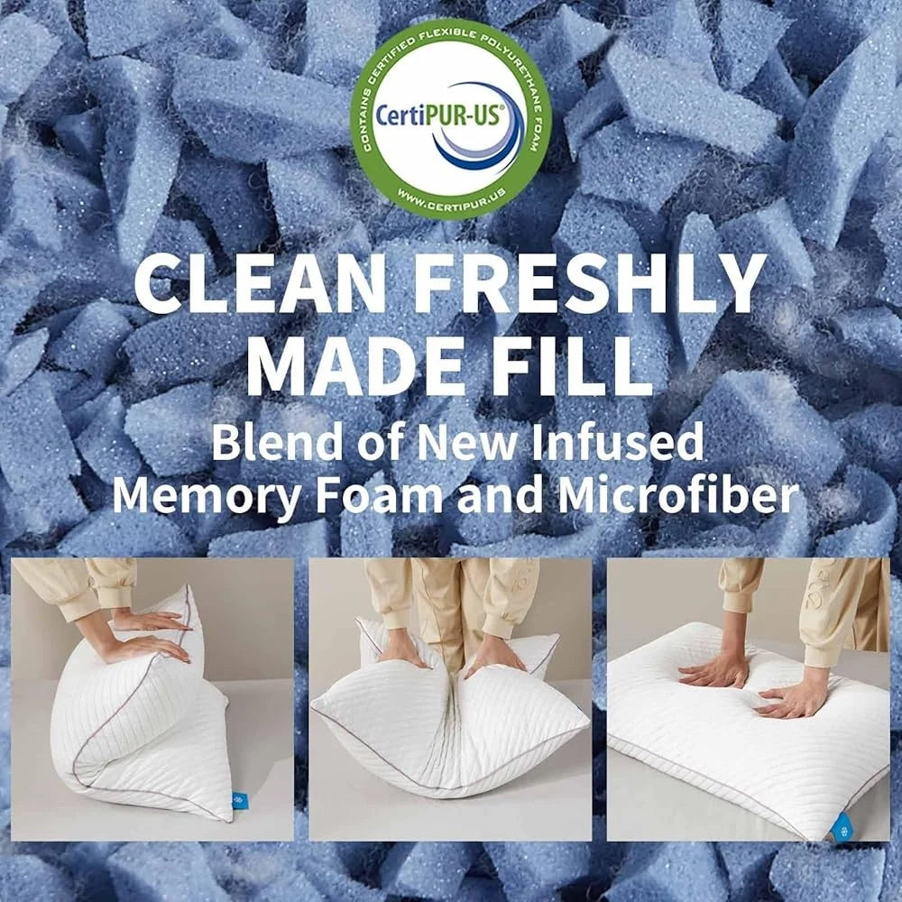 Cooling Shredded Memory Foam Pillow Set of 2 King Size Adjustable Support Back Stomach Side Sleepers Travel Sleep Comfort
