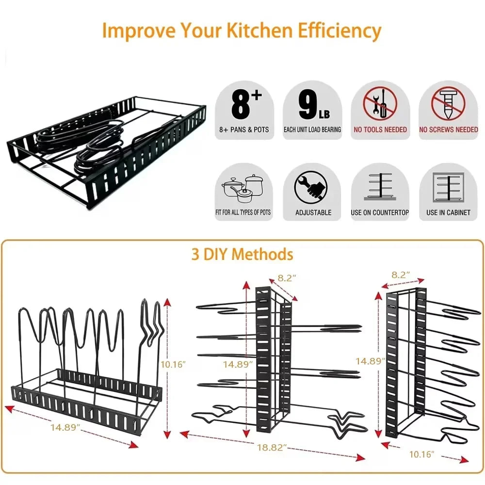 Pot Organizer Rack 8 Tiers Pots and Pans Organizer, Pot Lid Organizer for Kitchen Cabinet Cookware Organizers and Storage