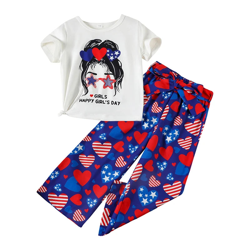 Cute Toddler Independence Day Outfit American Flag Print Sleeveless Top and Denim Shorts 2 Piece Set for Girls