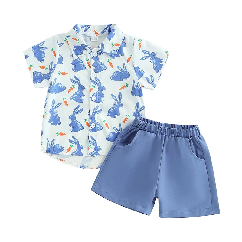 Easter Bunny Print Toddler Boy Short Set with Short Sleeve Button-up Shirt and Elastic Waistband Shorts Featuring Pockets
