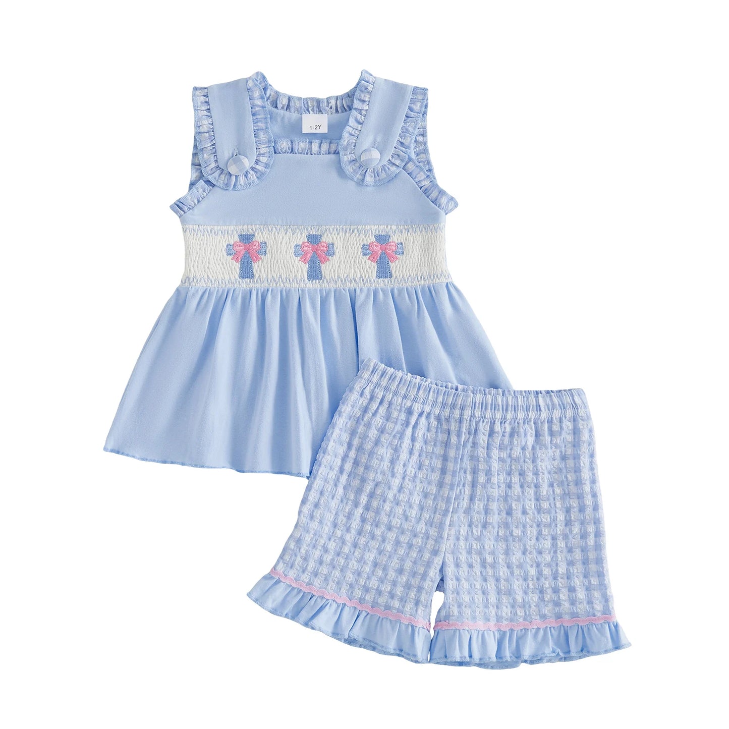 Sweet and Stylish Girls Easter Outfits Featuring Cute Bunny Embroidery Sleeveless Design and Plaid Shorts - Perfect for