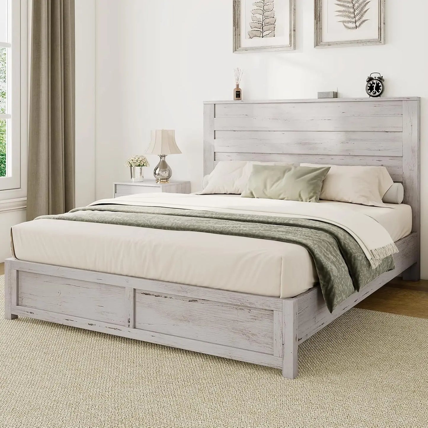 Queen Size Platform Bed Frame with 49" Headboard, Farmhouse Bed Frame with Wood Slat Support/No Box Spring Needed/Easy Assembly
