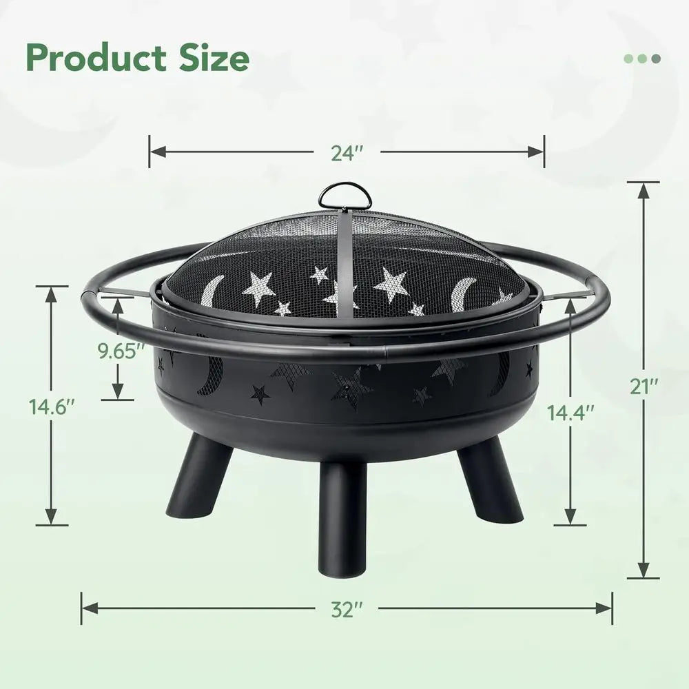 32 Inch Round Fire Pit with Mesh Cover, Fire Poker, Star and Moon Design, Metal Wood Burning Outdoor Fire Pit for Patio, Backyar