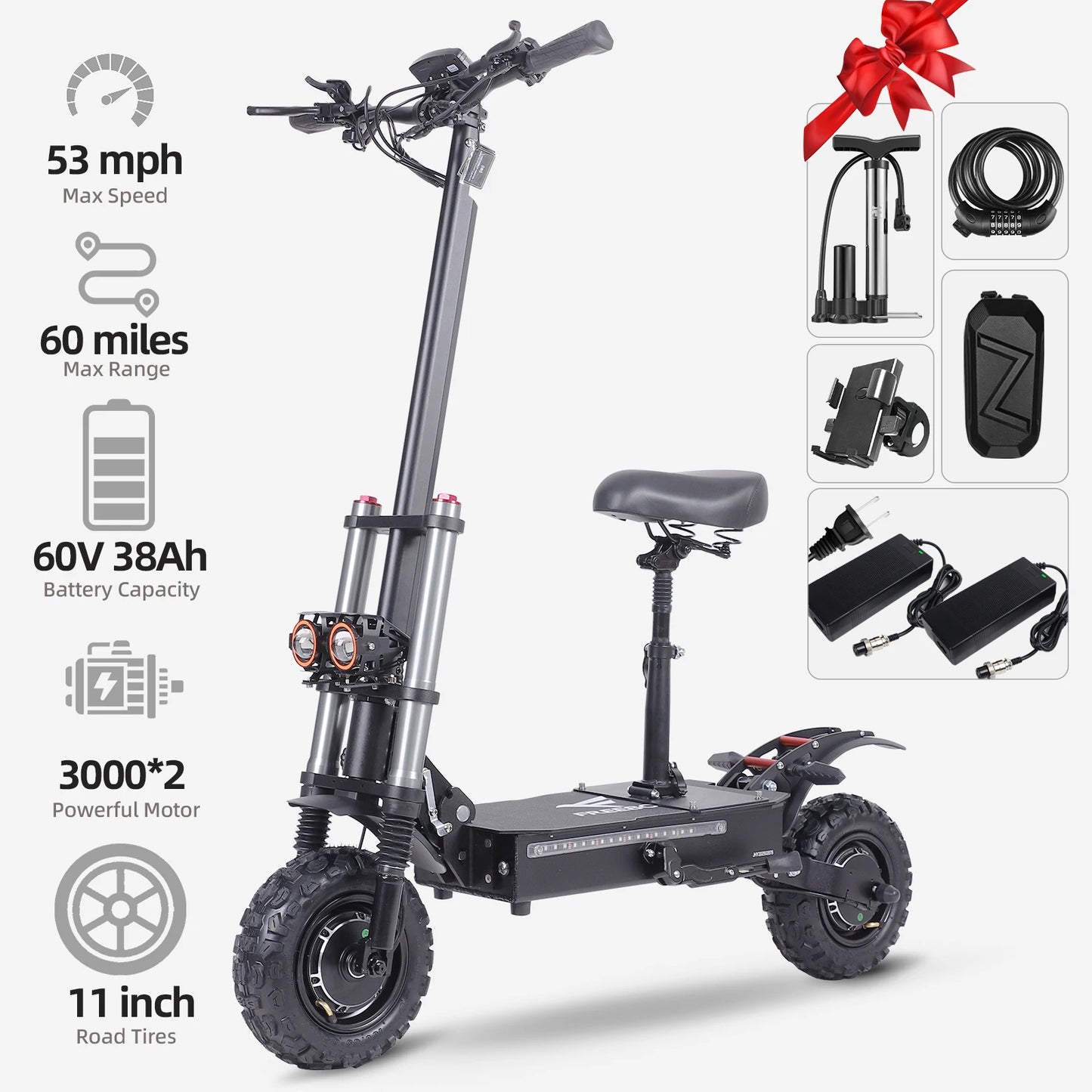 J30 MAX Electric Scooter Dual 3000W Motors 60V38Ah Battery 11" Off Road Tire 85KMH Top Speed 100KM Range 440lbs Load Disc Brakes