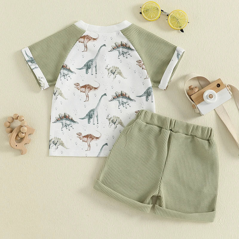Toddler Boys Lightweight Cotton Outfits with Cute Animal Print Short Sleeves T-Shirt and Elastic Waist Shorts Set for Summer