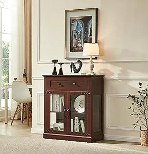 58.2'' Modern Sideboard with Storage, Accent Buffet Cabinet with 2 Glass Doors,Credenza with Two Drawers and Adjustable and Shel