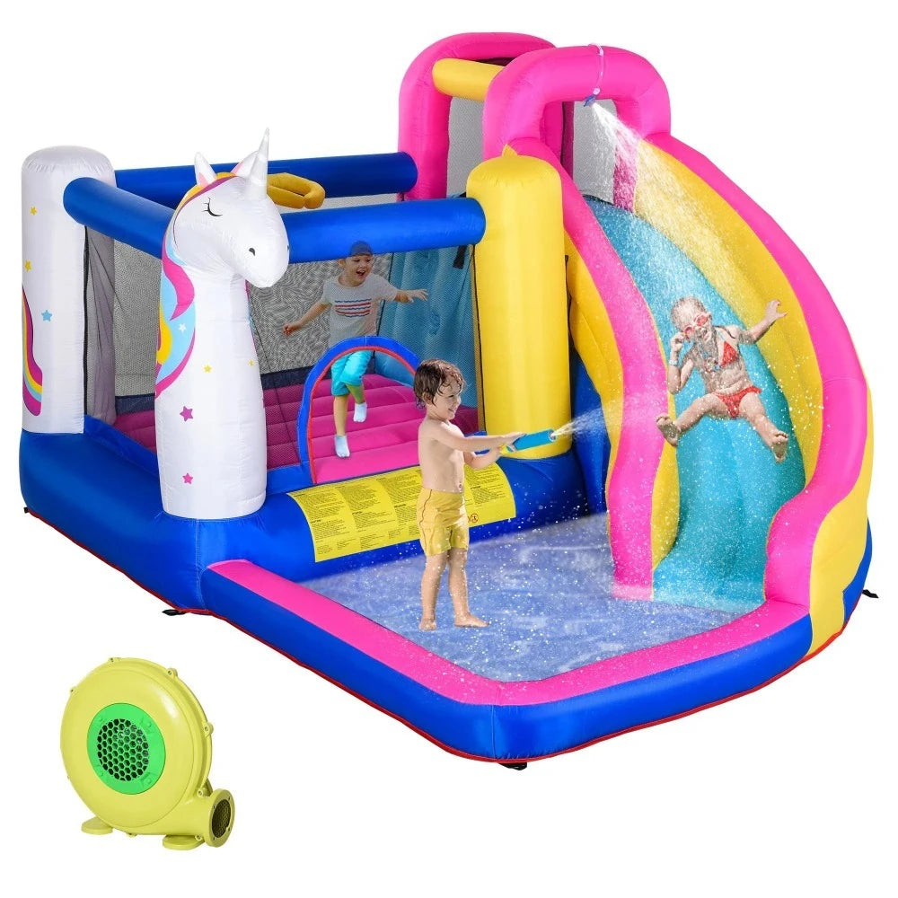 Unicorn 5-in-1 Large Inflatable Bounce House, Inflatable Water Slide for Kids