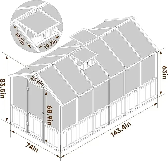 6x8 FT Greenhouse Kit,Adjustable Roof Vent 6MM Thick Polycarbonate Panel Wooden Walk-in Green House with Lockable Door