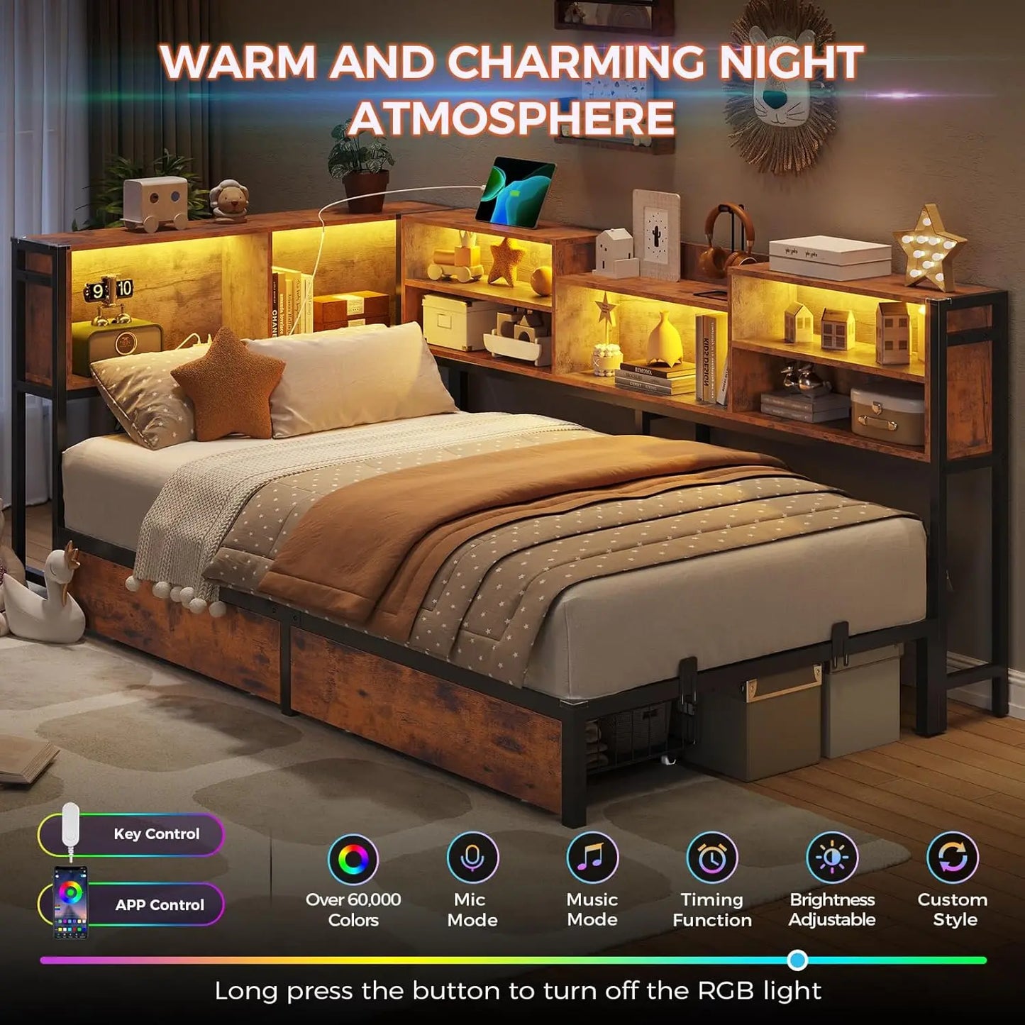 Twin Size Corner Bed Frame with Bookcase Storage and Led Lights Metal Platform Beds with 2 Drawers and Charging Station
