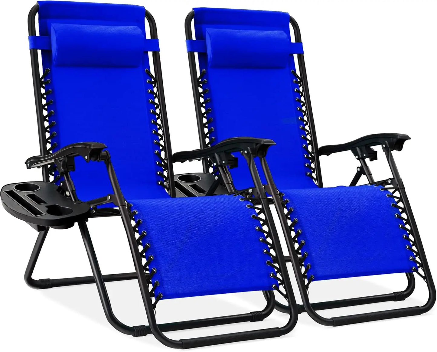 Set of 2 Adjustable Steel Mesh Zero Gravity Lounge Chair Recliners w/Pillows and Cup Holder Trays - Tan Striped