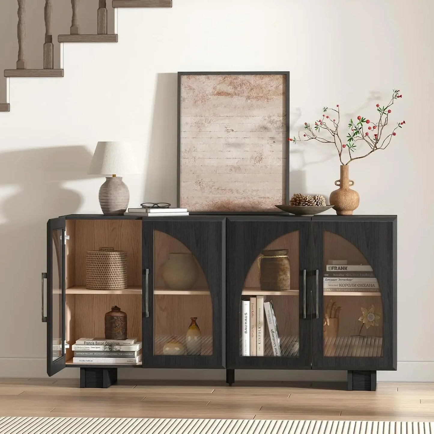 Modern Accent Cabinet , 63 '' Sideboard Buffet Cabinet with Storage, Large Sideboard with 4 Glass Doors, Black Credenzas