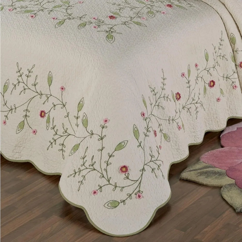 Posy Cottage Garden Style Bedding | Chain Stitch Embroidery, Crochet, & Quilting Fiber Art Floral and Leaf Vines | 3 Piece Quilt