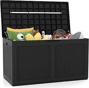 100 Gallon Outdoor Storage Box, Lockable Outdoor Storage Bench with 2 Smooth Wheels, Faux Rattan Surface, Waterproof Resin Deck