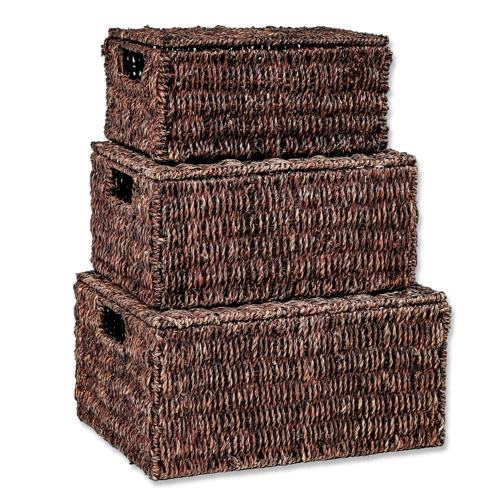Seagrass Storage Baskets Set of 3 with Lids Organizing Bedroom Laundry Kitchen Natural Earthy Style