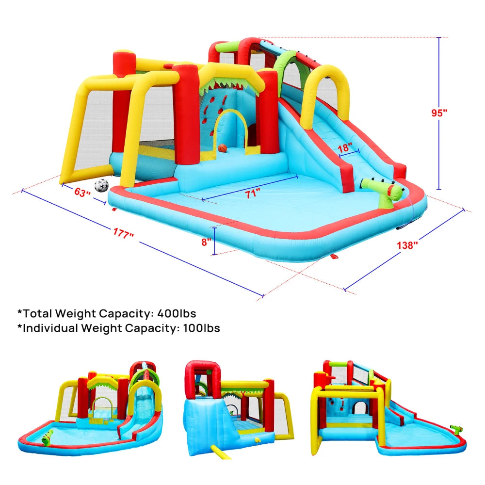 7 in1 Inflatable Slide Water Park Bouncing House Outdoor Soccer Garden Bouncer with Splash Pool Water Gun Climbing Wall