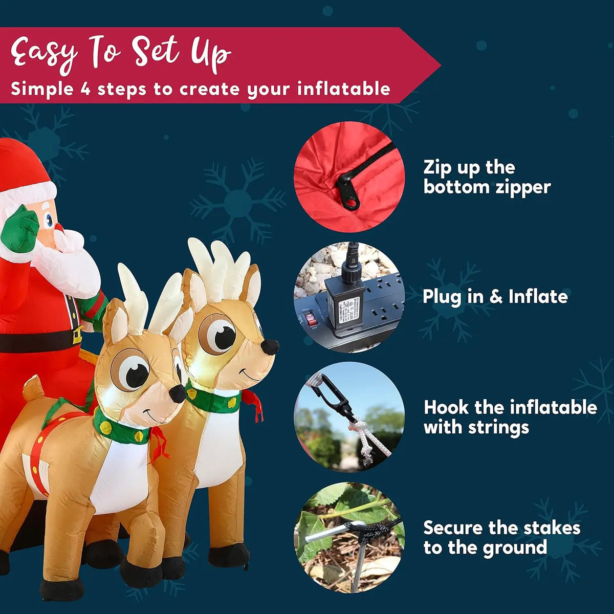 6 Foot Christmas Inflatable Santa Sleigh With Two Reindeer LED Lawn Decoration