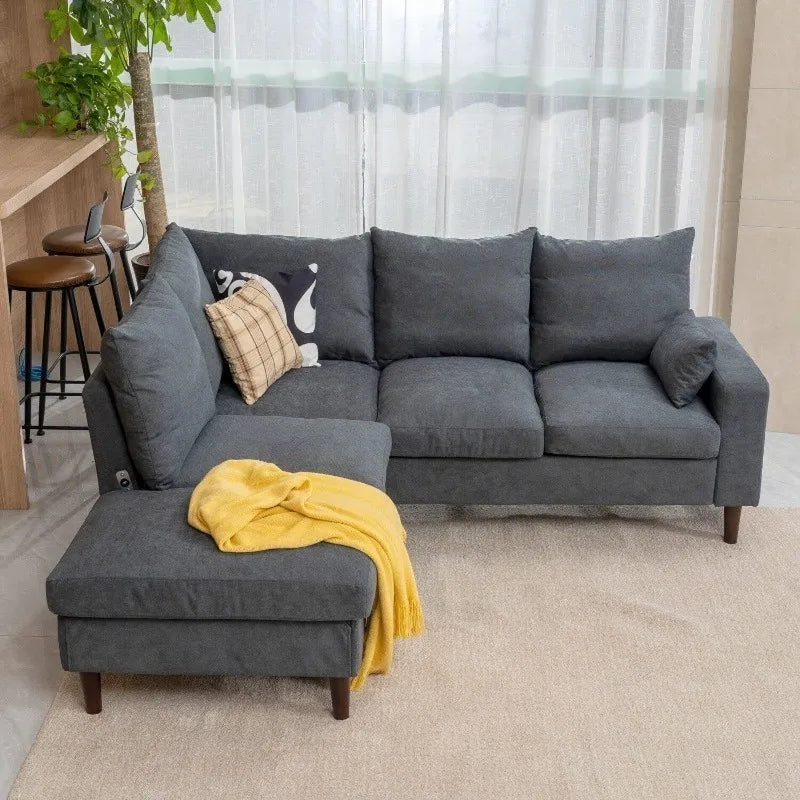 Convertible Sectional Sofa Couch, L-Shaped Corner Couch 4-Seat Sofa withBuilt-in USB Charging Port Chaise, Modern Linen F