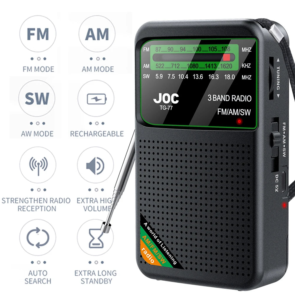 Portable Mini Full Band Radio Best Reception FM AM SW Radio Rechargeable Emergency Pocket Radio Built-in Speaker