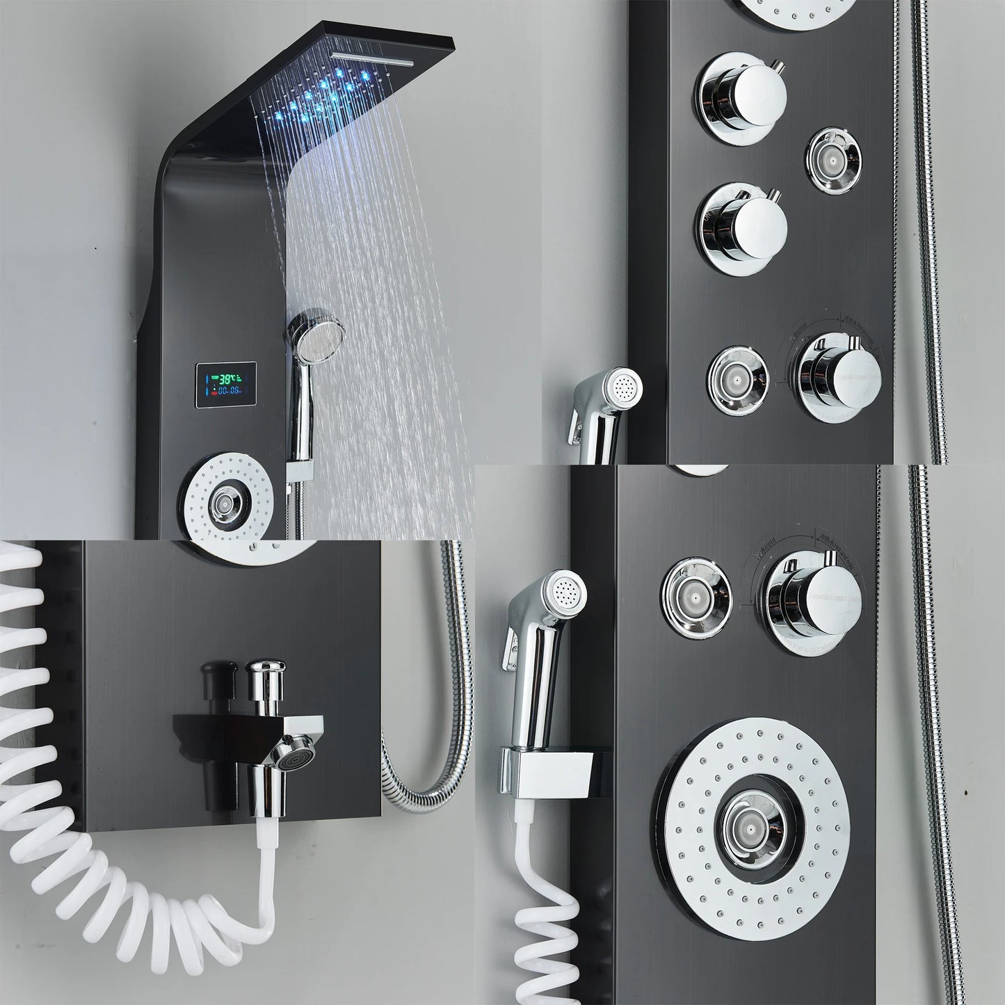 ALENARTWATER Bathroom Shower Panel LED Waterfall Shower Water Top Spray Temperature Display Faucet Back Massage with Water Tap