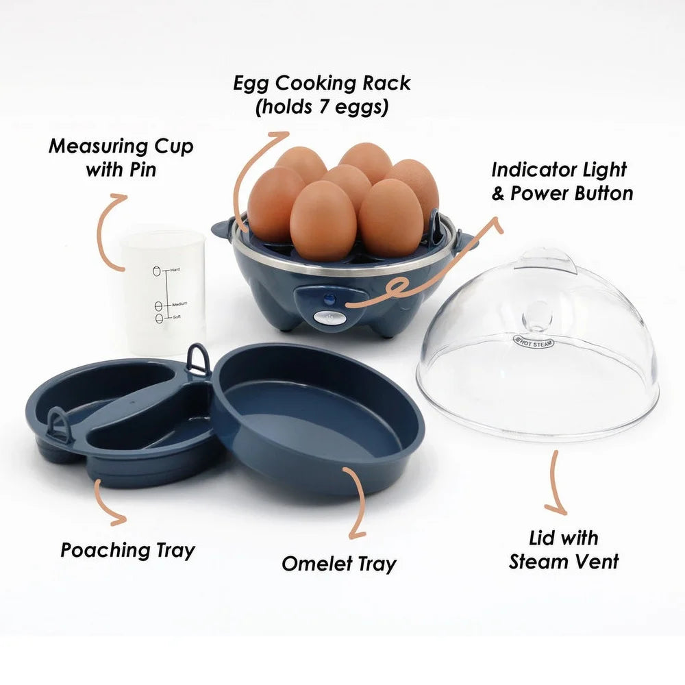 Automatic Egg Cooker Up to 7 Eggs Soft Medium Hard Boiled Poached Eggs Timer Beep Dishwasher Safe Measuring Cup Cooking Tray