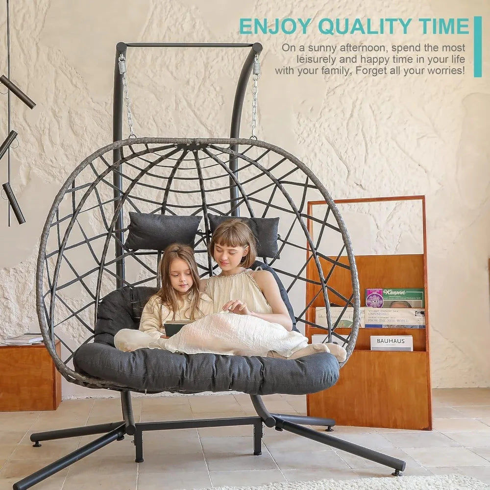 Dark Grey Double Egg Swing Chair w/Stand,2 Person Outdoor Indoor Hammock Hanging Chair with Cushion for Patio Living Room - Best
