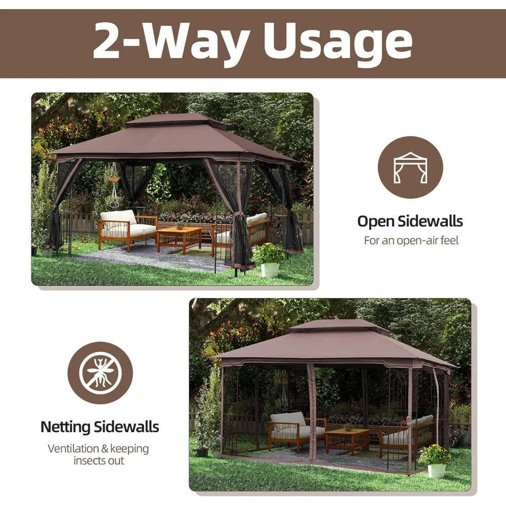 10' X 13' Outdoor Gazebo, Soft Double Roof Canopy Tent with Mosquito Netting, Party Tent Shelter with Corner Frame Shelves for