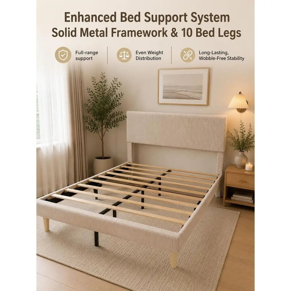 Queen Upholstered Bed Frame With LED Headboard Beige Easy Assembly No Squeak
