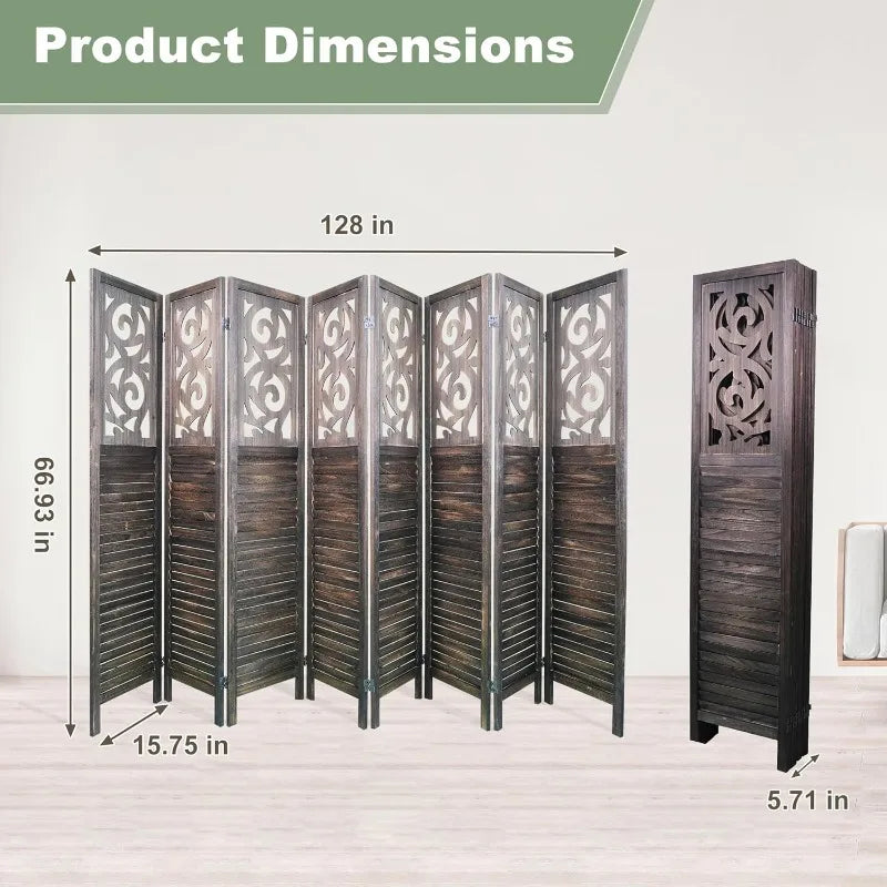 8 Panel Room Dividers 6FT Wall Divider Carved Wood Room Separator Folding Privacy Screens Cutout Design Foldable Partition Wall