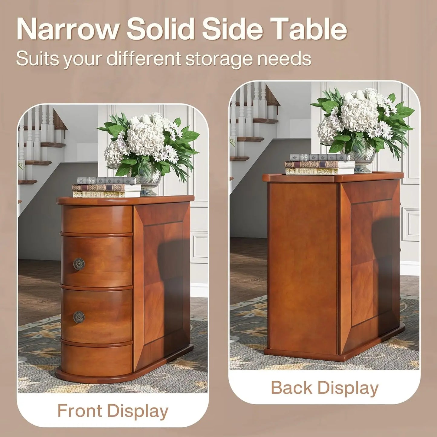 Wood End Table Set of 2, Narrow Solid Side Table 2-Drawer Slim Chair Side Table, No Assembly Required, Finished Back, Walnut