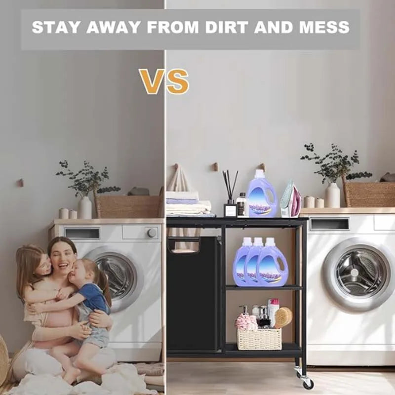 Pull-Out Laundry Basket with Shelf and three Shelf,Laundry Basket Organizer Section with Removable Laundry Bags for clothes