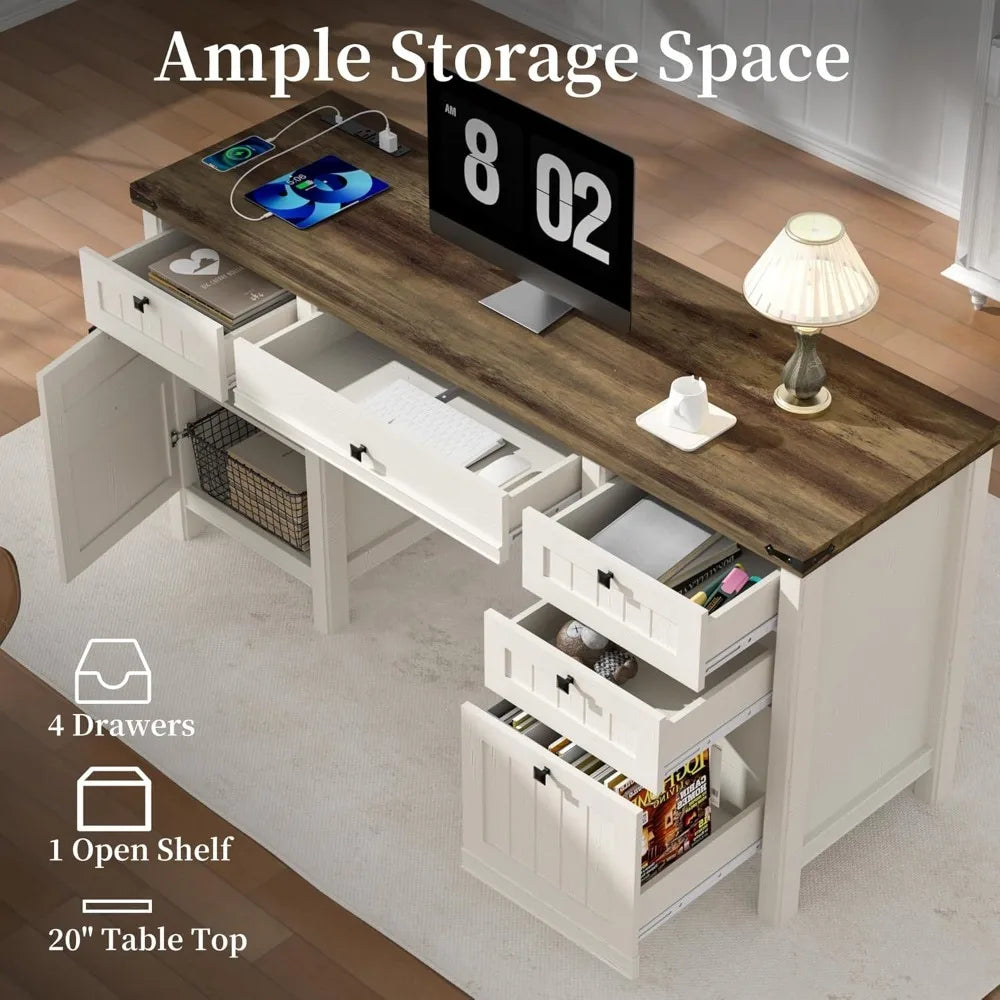 Executive Desk, Modern Farmhouse Computer Desk with Drawers & Cabinet, Home Office Desk for Work Study Writing Workspace (White,