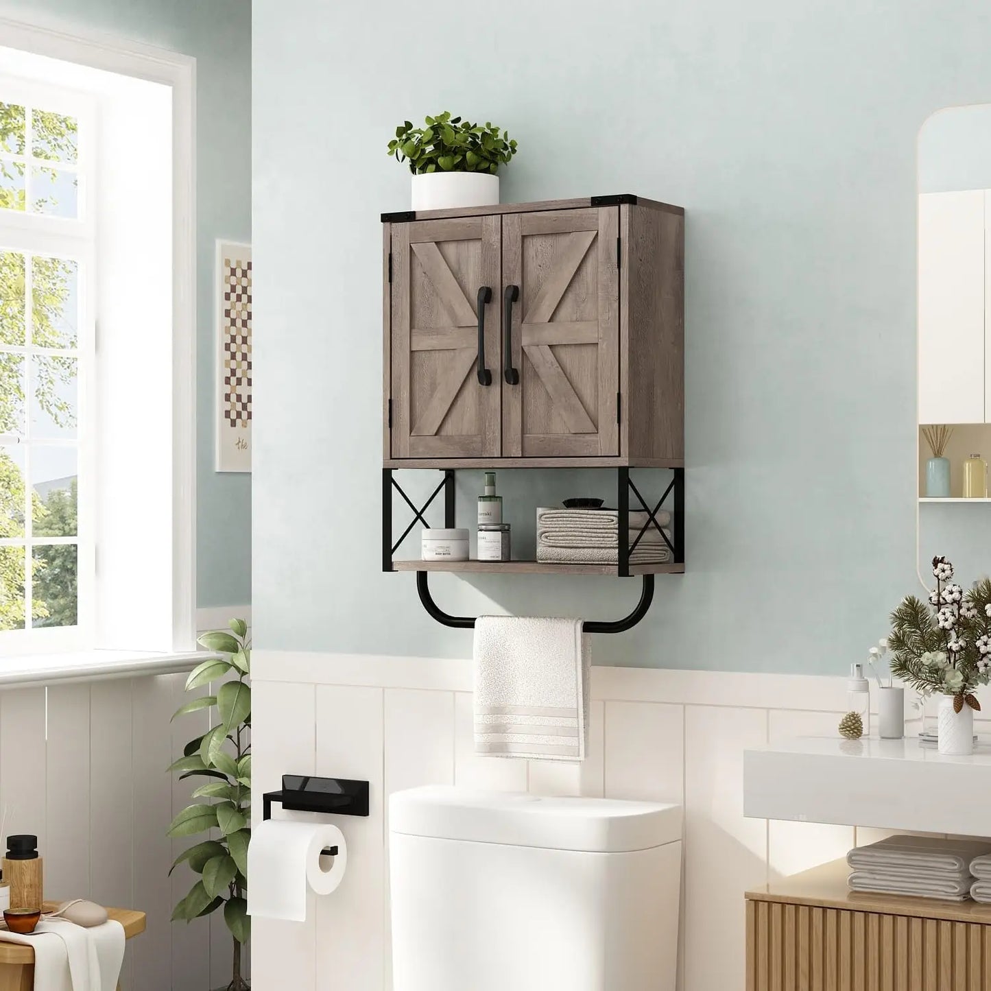 Farmhouse Rustic Medicine Cabinet with Two Barn Door,Wood Wall Mounted Storage Cabinet with Adjustable Shelf and Towel Bar