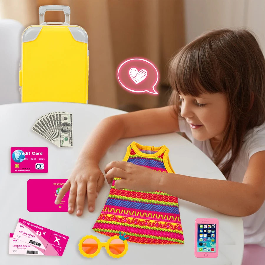 18Inch Doll Clothes Yellow Dress Lovely Travel Suitcase American Doll Summer Outfit Pineapple sunglasses Baby Toys Girl's Gift