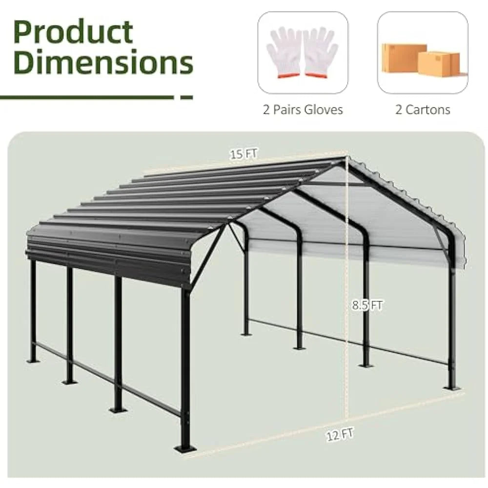 12X15 FT Carport, Heavy Duty Carports Canopys with Galvanized Steel Roof and Frame, Metal Carport Upgraded Extra Large Garage