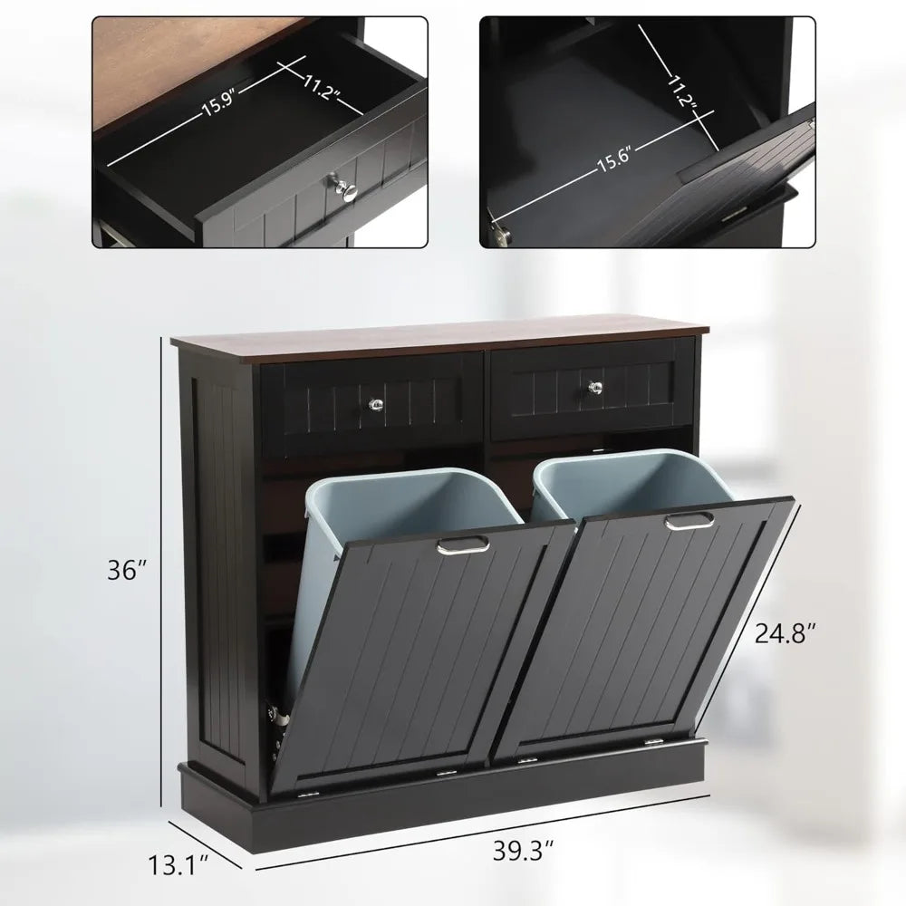 Tilt Out Trash Can Cabinet Dog Proof with Double Wood Hidden Trash Can Holder, Kitchen Free Standing Recycling Cabinet(Black)