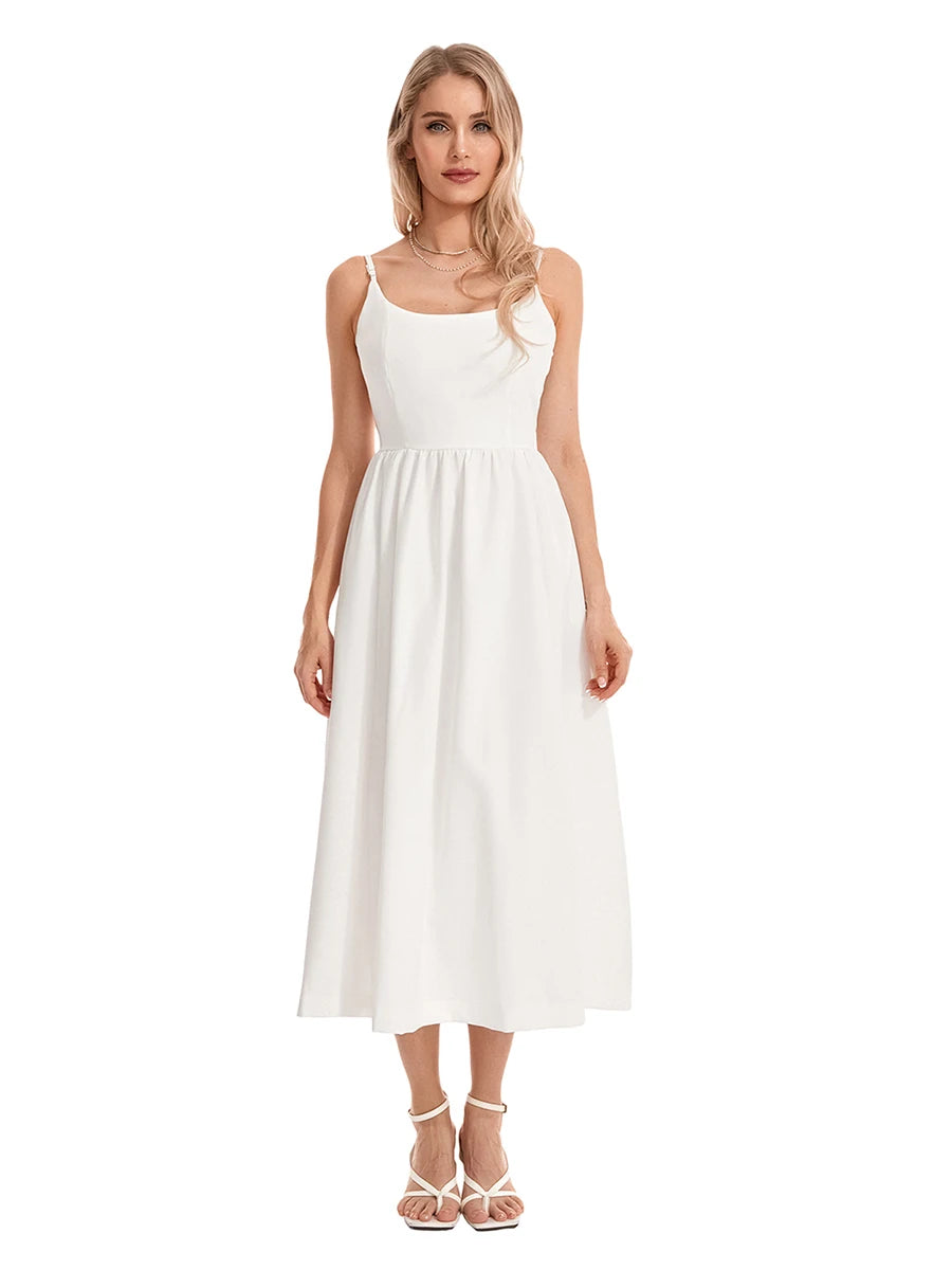 Women s Summer Midi Dress Solid Color Sleeveless Backless Party Dress Spaghetti Strap Beach Dress