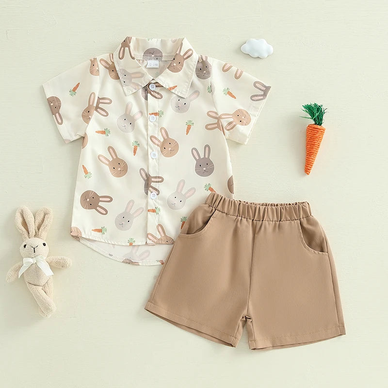 Easter Bunny Print Toddler Boy Short Set with Short Sleeve Button-up Shirt and Elastic Waistband Shorts Featuring Pockets