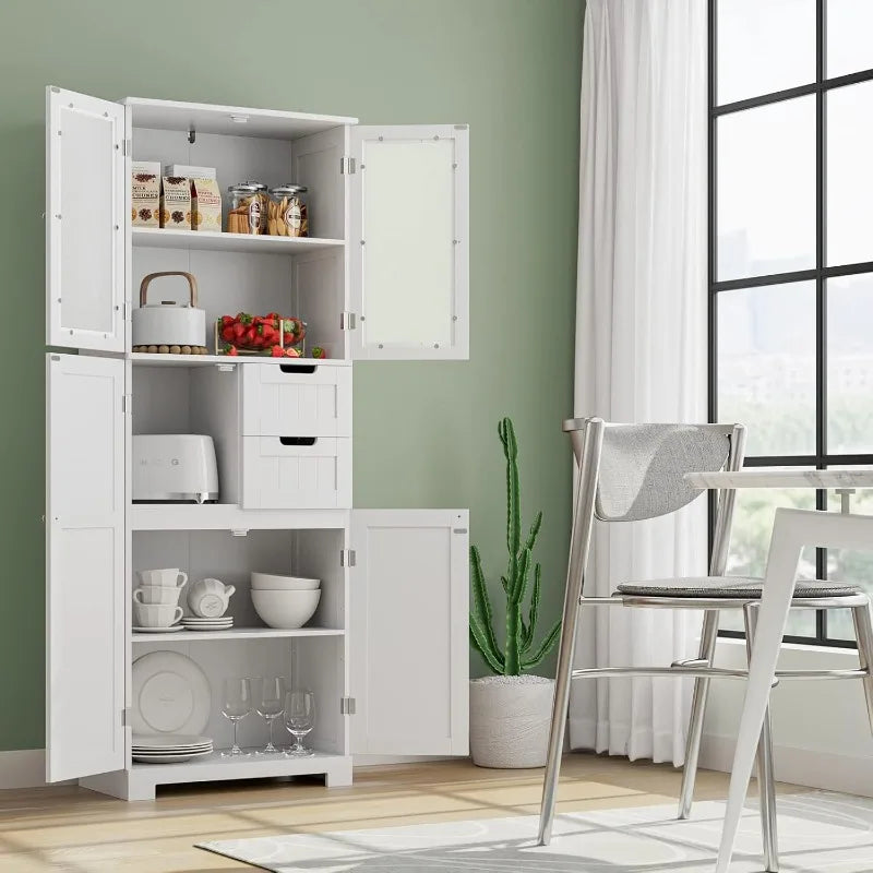 67'' Tall Storage Cabinet, Bathroom Storage Cabinet with Frosted Glass Doors and Wood Drawers, Kitchen Pantry White