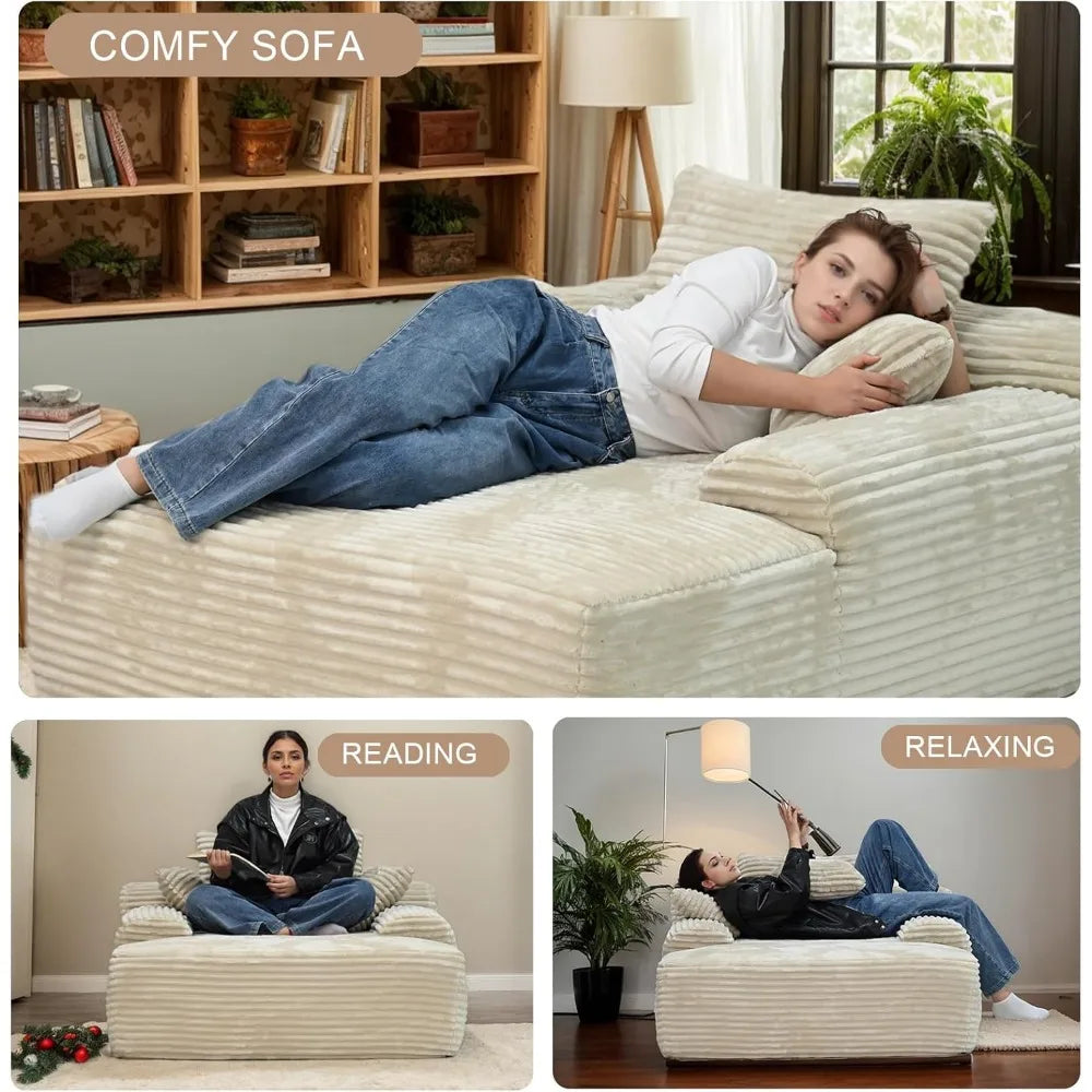 67" Oversized Chaise Lounge Reading Chair,Plush Corduroy Boneless Memory Foam Couch Sofa Beds,Lounging Chairs with Deep Large se