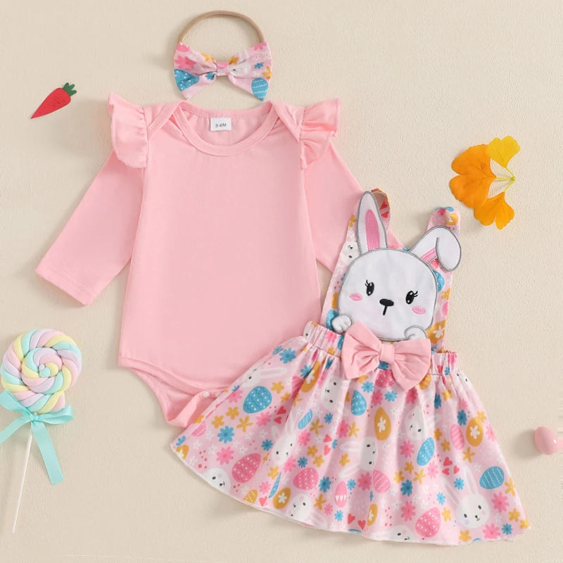 Adorable Baby Girl Easter Outfit Set with Floral Print Romper Ruffle Skirt and Matching Headband - 3 Piece Ensemble