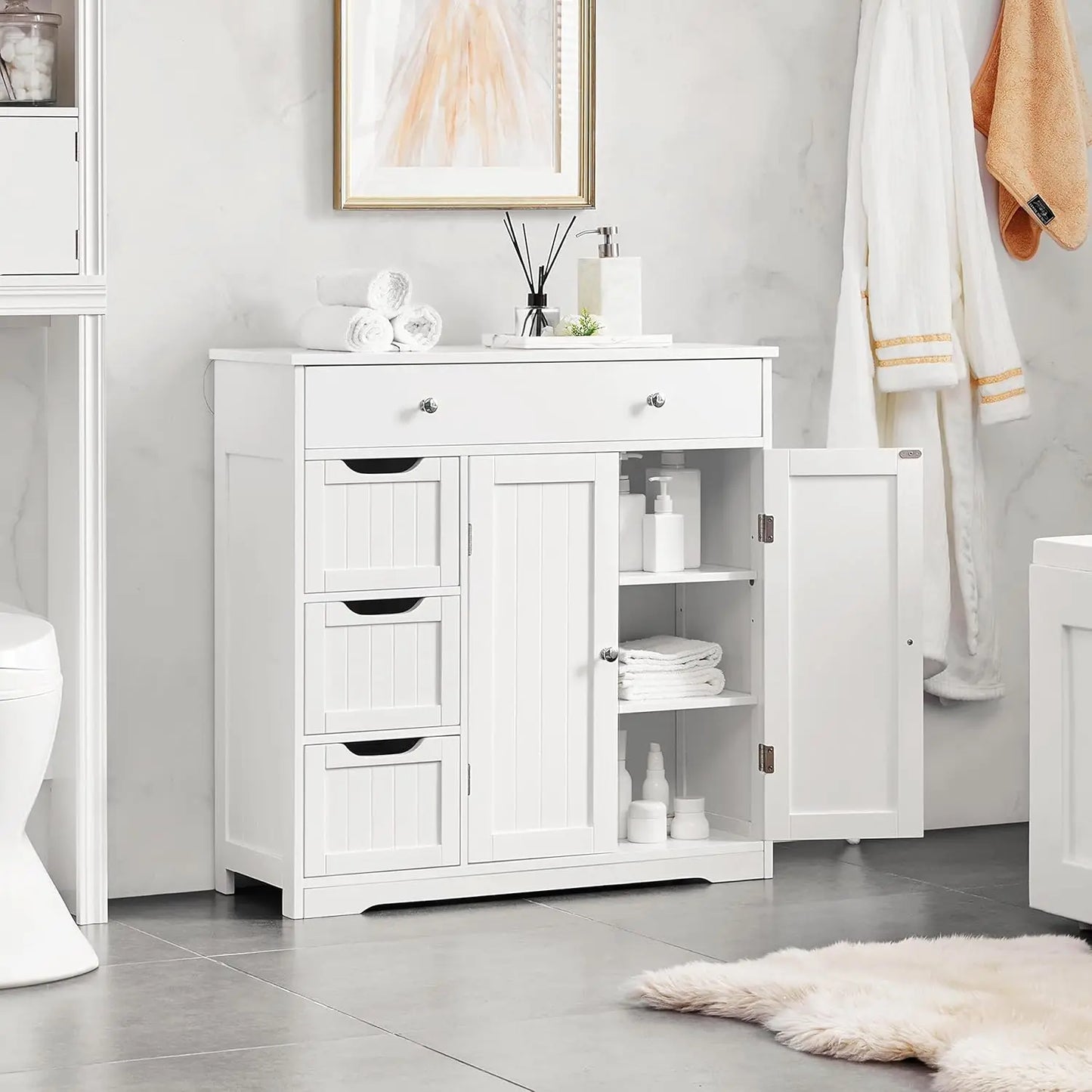 Bathroom Free-Standing Floor Cabinet, Practical Storage Cabinet with 4 Drawers and 2 Doors for Kitchen, Entrance Area,White