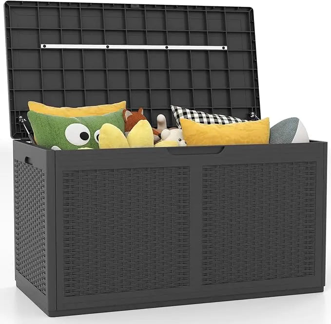 100 Gallon Outdoor Storage Box, Lockable Outdoor Storage Bench with 2 Smooth Wheels, Faux Rattan Surface, Waterproof Resin Deck