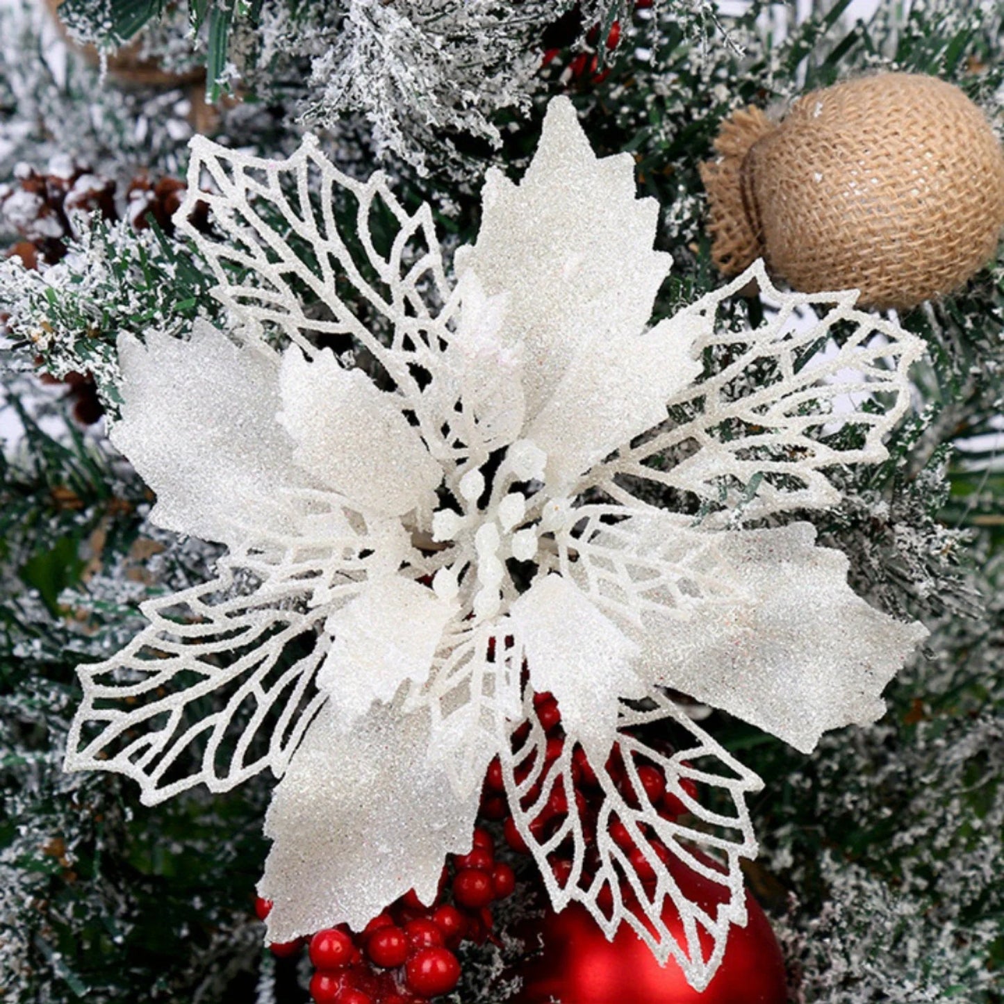 10pcs/set Christmas Glitter Flower 10cm Gold Silver Red Artificial Floral Head Xmas Tree Decoration Home New Year Navidad Gift