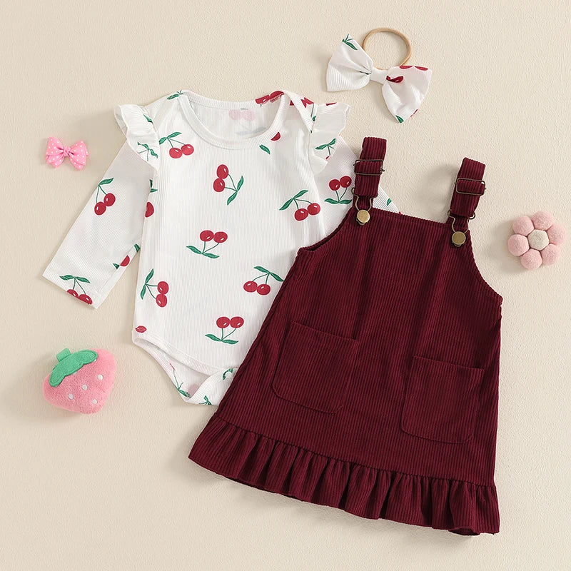 Toddler Girls 3-Piece Outfit Floral Print Long Sleeve Romper with Suspender Skirt and Matching Bow Headband Autumn Set